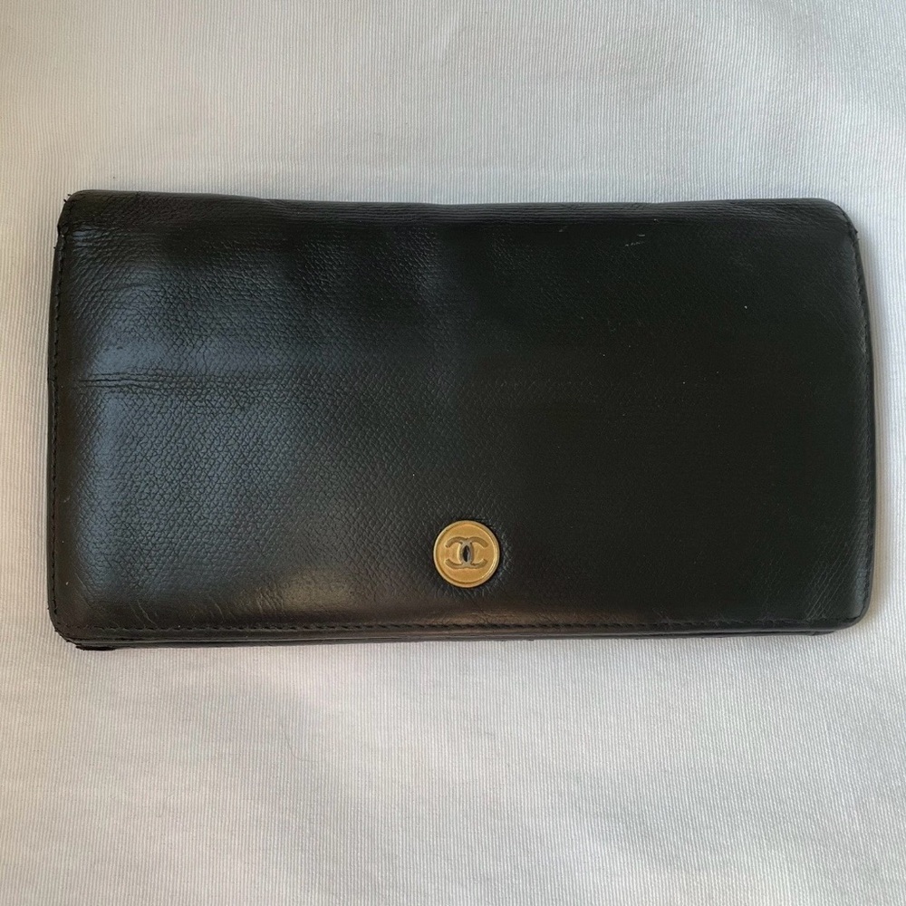 Chanel Caviar Black Long Trifold Leather Wallet with Gold Clasp